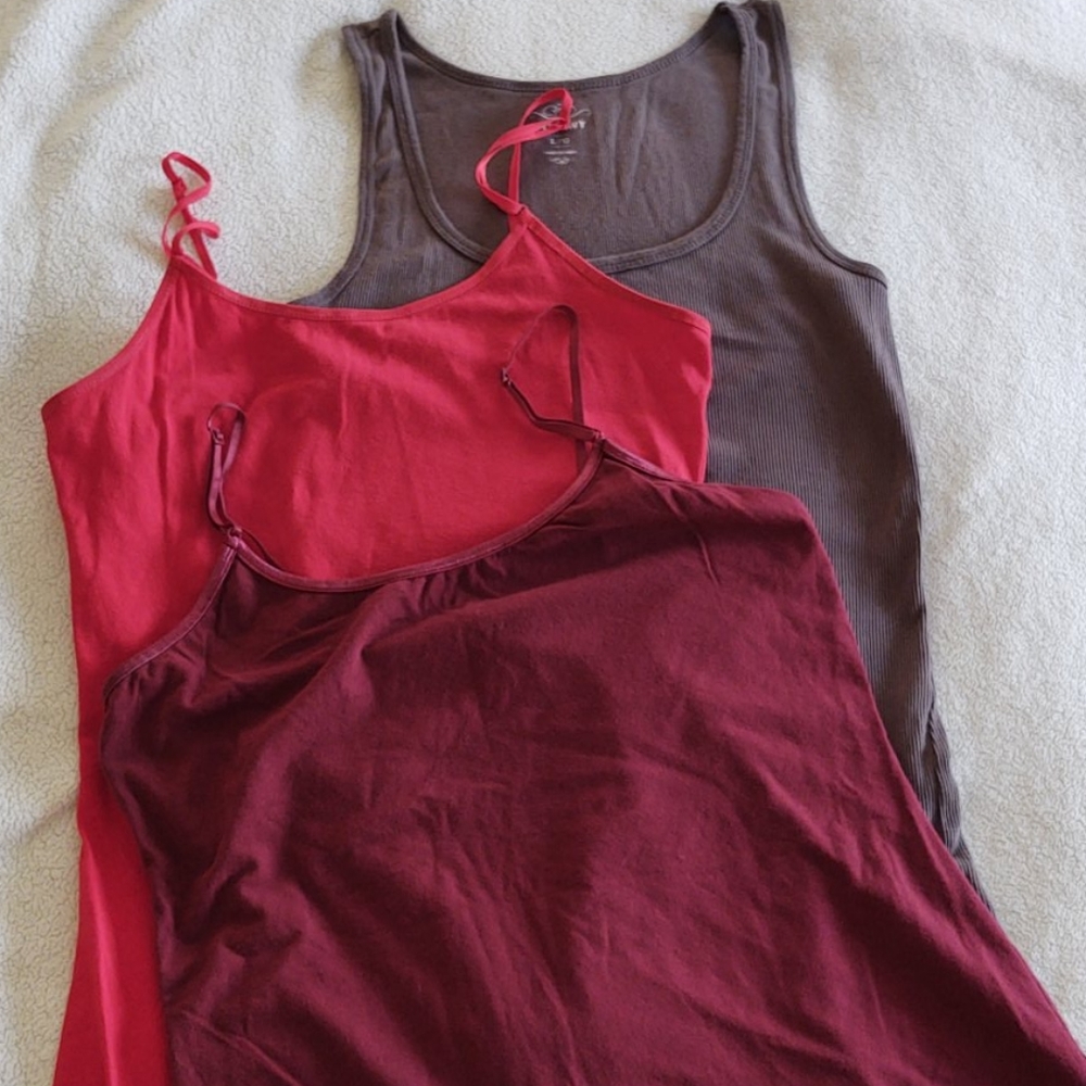3 cotton tanks size large. Gray red burgundy